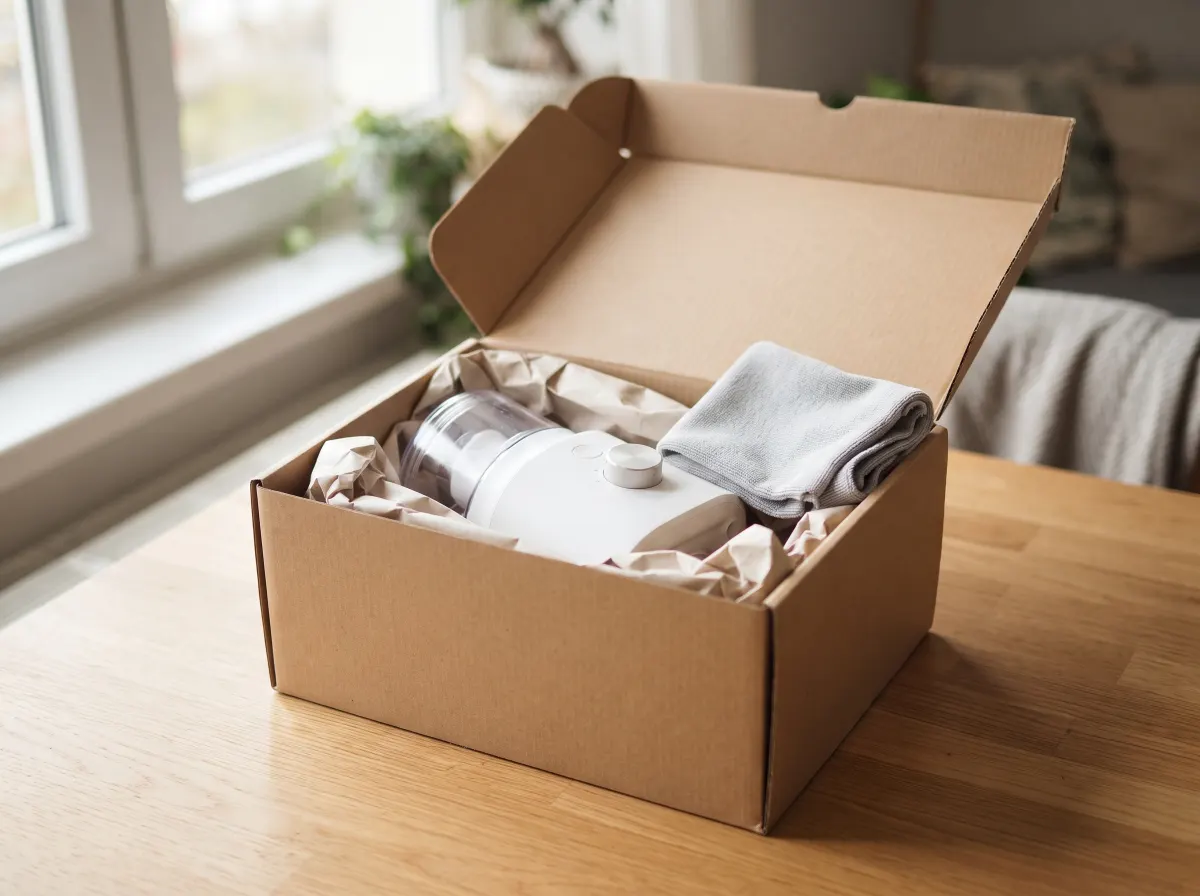 An open cardboard parcel containing a white household appliance, a folded grey cloth and paper packaging on a wooden table.