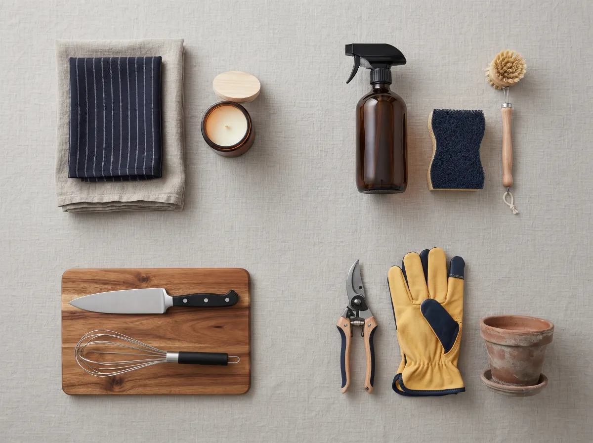 Tea towels, a candle, cleaning tools, kitchen utensils, secateurs, gardening gloves and a plant pot arranged on fabric.