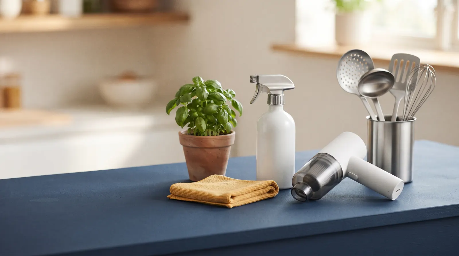 A potted herb, spray bottle, folded yellow cloth, handheld vacuum cleaner and metal kitchen utensils on a blue worktop.